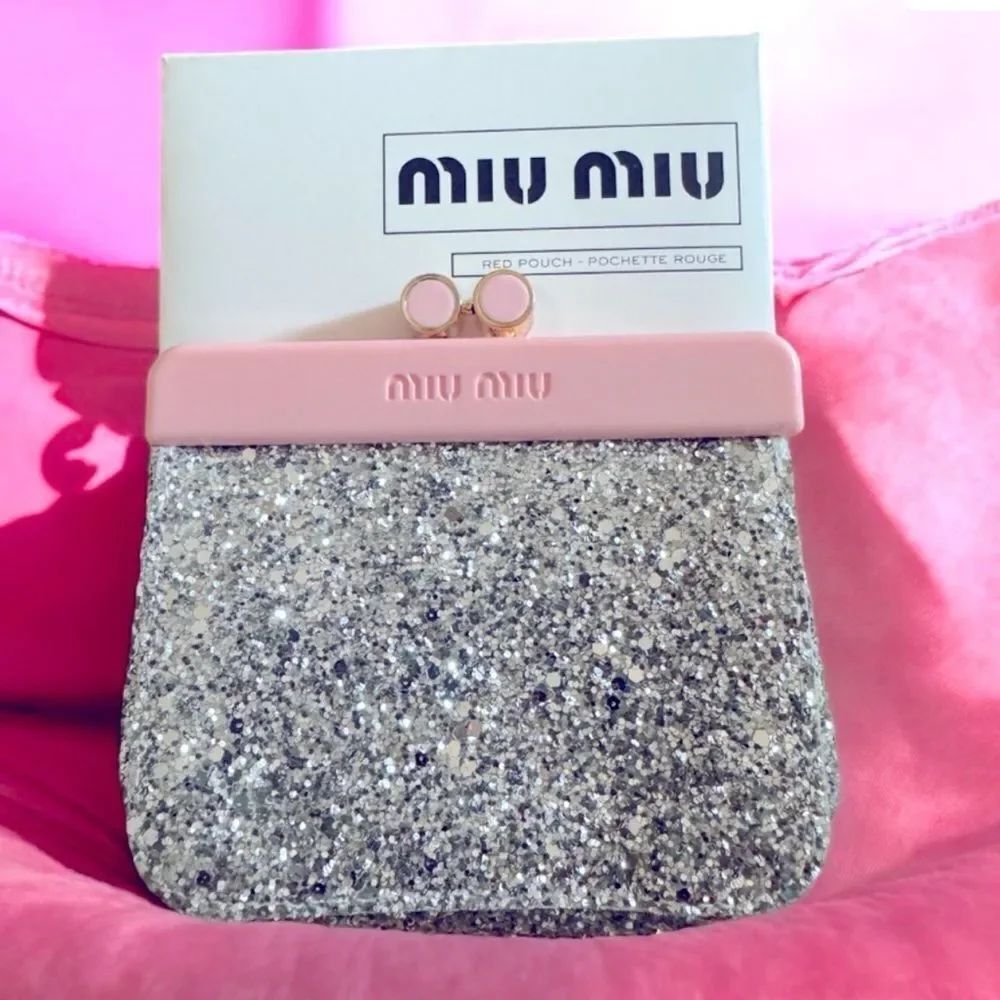 MIU MIU Mini Silver Glitter Evening Clutch / Pouch with Snap Top Closure